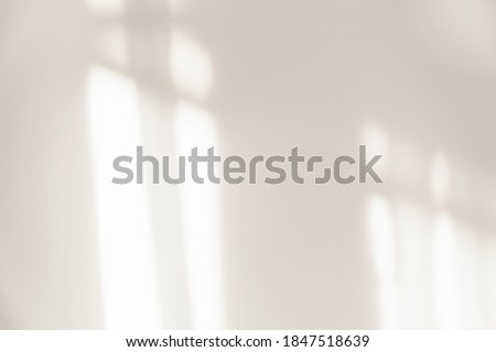 The light from the window shines on the white wall, the shadow from the curtain, blurry shadows and silhouettes on the wall.