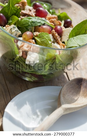 Spinach salad with blue cheese, grapes and walnuts.