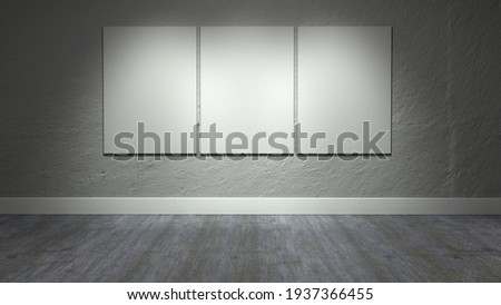 3D Representation of concrete wall with triptych and old wooden floor with IES lighting Imagine de stoc © 