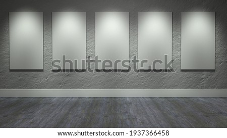 3D Representation of concrete wall with five white canvas and old wooden floor with IES lighting Imagine de stoc © 