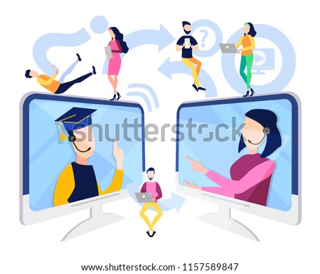 Online education, training, courses for students, managers, employees, businessmen, professional development. People get knowledge from the Internet. Lessons and seminars on Skype. Vector illustration