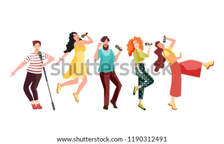 Singing and dancing with microphones young people. Girls and guys have fun at karaoke. Vector illustration