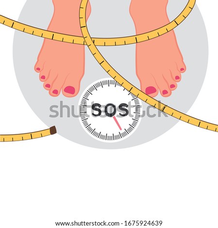 Weighing the body weight on the scales , monitoring the weight of a person. The problem of human obesity in modern society. Vector illustration of healthcare Photo stock © 