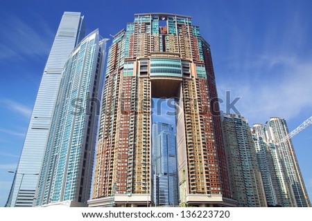 HONG KONG, CHINA - DECEMBER 13: The International Commerce Centre (Sky 100 Tower), Arch and The Harbourside viewed from inside the Union Square on December 13, 2012 Hong Kong, China.
