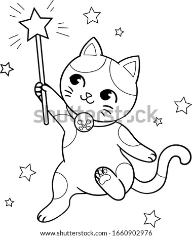 Cute kitten with magic wand and stars. Vector outline for coloring page isolated on transparent
