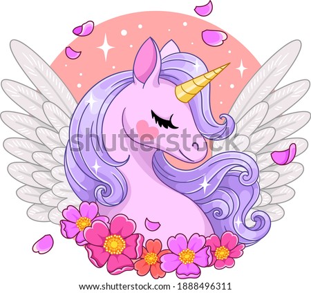 Magical pink pegasus with anemones. Vector illustration isolated