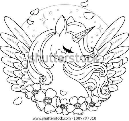 Magical pegasus with anemones. Vector outline for coloring page