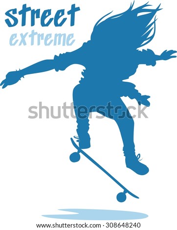 street extreme haired skater performs a trick silhouette