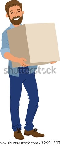 a bearded guy with a cardboard box in his hands