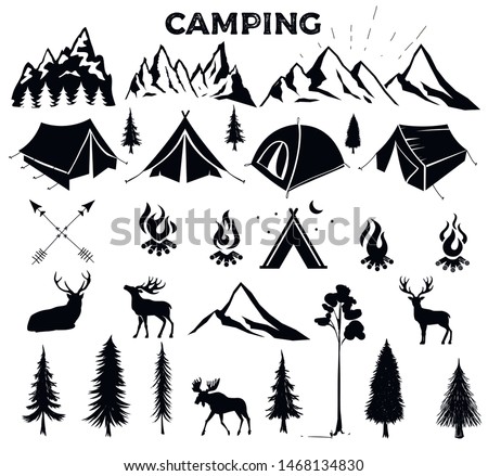 Travel Event. Camping vector logo template for your design. Tourist tent, forest, camp, trees, Camp badges, labels, banners, brochures. Set of vintage camping, outdoor adventure emblems.