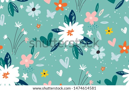 Garden flower, plants ,botanical ,seamless pattern vector design for fashion,fabric,wallpaper and all prints on green mint background color. Cute pattern in small flower. Small colorful flowers. Photo stock © 