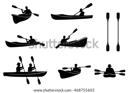 Kayaking silhouettes vector. Canoe trails and rafting club emblem with kayaking equipment elements. Stok fotoğraf © 