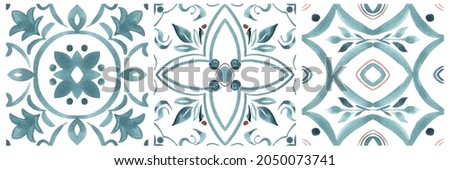 Set of watercolor illustrations - ceramic tile stylization with blue ornaments. Azulejos portugal, Turkish ornament, Moroccan tile mosaic, Talavera ornament.