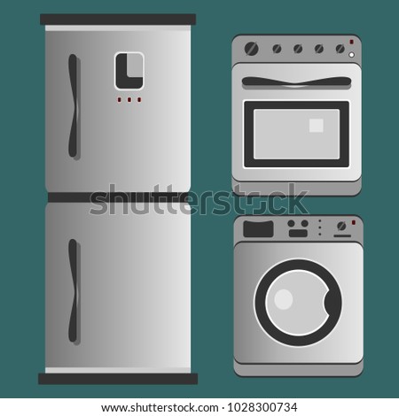 Kitchen appliances. Refrigerator, washing machine, gas stove.