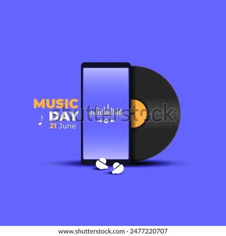 World music day social media post, smartphone with earbuds, vinyl, equalizer music player, minimalist background