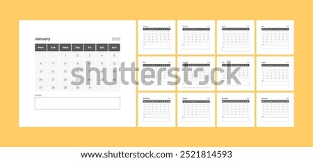 Desk monthly calendar 2025 template. Minimalist clean square layout. Company stationery.