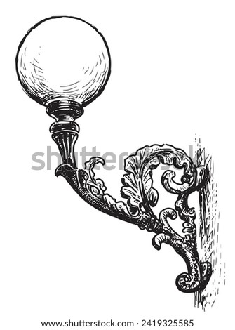 Hand drawing of vintage ornate sconce lamp with round lampshade, vector illustration isolated on white 