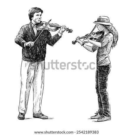 Sketches of violinists playing outdoors, man and girl, father and daughter, street musicians, realistic hand drawing, vector illustration