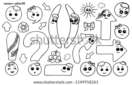Set of hand drawn cute smiling kawaii punctuation marks in doodle style. Colorless (black contour with white fill) funny cartoon isolated vector illustration
