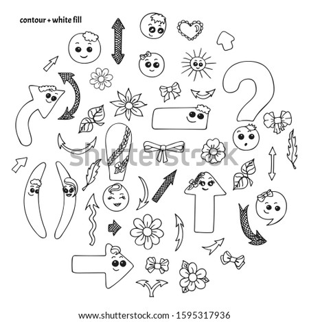 Set of hand drawn cute smiling kawaii punctuation marks, accessories and nature elements in doodle style. Colorless (black contour with white fill) funny cartoon isolated vector illustration