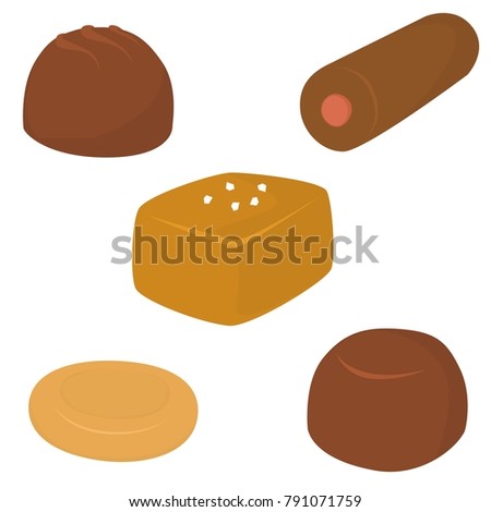 A set of five vector art soft candies, including a strawberry filled chocolate caramel roll, a truffle, a bonbon, a square of salted caramel, and a disc toffee.  Background is transparent in vector.