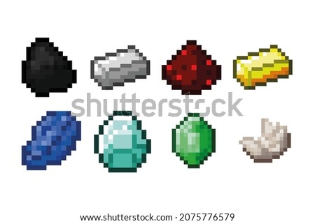 Pixel object patterns. Valuable ores, minerals, resources for crafting. Vector illustration EPS 10. Imagine de stoc © 