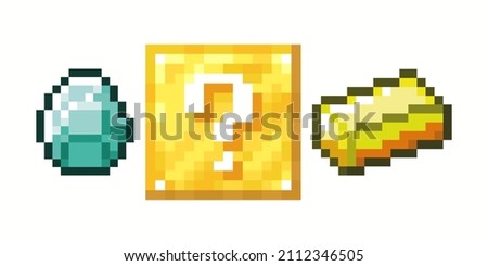 Lucky block. Yellow box of questions. What is the probability that it will fall out of the box? diamond, gold. Colored pixel with a question mark. Vector illustration