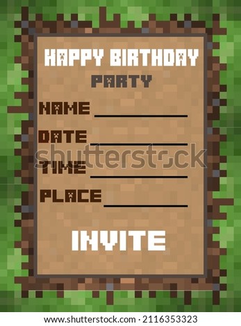 Minecraft birthday invitation card. Game style card concept. Vector image