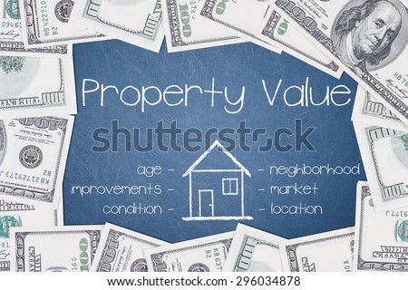 PROPERTY VALUE - text written on a blue chalkboard with frame made of 100 US dollars.