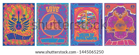 Vintage Musical Posters, Covers Stylization, 1960s, 1970s Psychedelic Backgrounds, Peace Symbol, Eye Triangle, Guitar, Floral Decorations