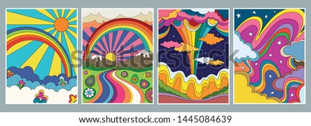 1960s, 1970s Art Style, Colorful Psychedelic Backgrounds, Covers, Posters, Hand Drawn Nature, Hippie Art Style  