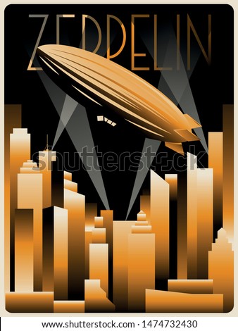 Flying Zeppelin Art Deco Poster Stylization, 1920s Aesthetics, Golden Grtadients, Retro Futurism Style 