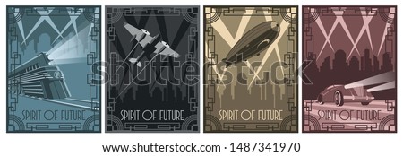 Retro Futurism Poster Stylization from the 1920s, 1930s Train, Airplane, Dirigible, Car Art Deco Style 