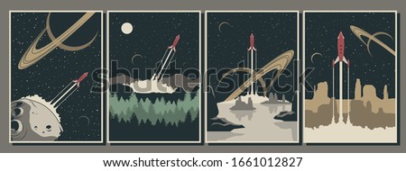 Retro Future Space Discoveries Poster Set, Space Rockets Flight, Asteroid, Unknown Planet Surfaces