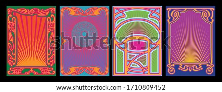 Art Nouveau Frames and Decor, Psychedelic Color Music Poster, Cover Templates 1960s, 1970s Style 