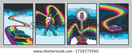 Psychedelic 1960s Rock Music Posters Stylization, Muscle Cars, Guitar, Guitar Player, Rainbows, Clouds, Starry Sky