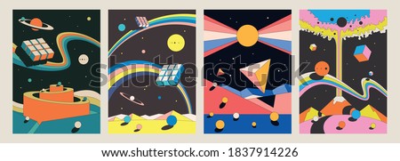 Abstract Psychedelic Space Illustration Set, Geometrical Shapes, Vintage Colors