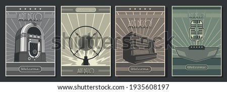 Art Deco Style 1920s - 1940s Musical Posters Template Set, Retro Radio, Microphones, Jukebox