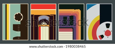 1980s Techno Posters Template set, Vintage Colors, Tape, Video Cassette, Floppy Disc, Bobbin Background