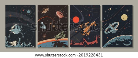 Retro Future Space Illustration Set, Spacecraft, Planets, Space Stations