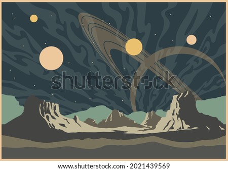 Unknown Planet Landcape, Mountains and Satrun, Retro Future Sci Fi Space Illustrations Stylization 