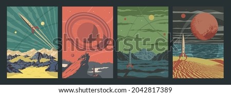 Retro Future Style Space Rockets and Unknown Planets Landscapes 