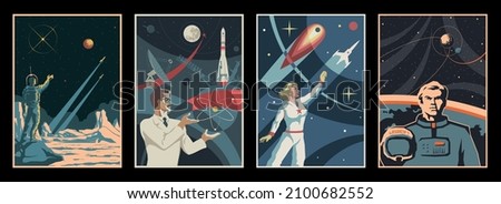 Space and Science! Retro Style Propaganda Posters and Illustrations. Astronauts, Space Rockets, Planets