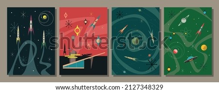 Retro Future Space Illustration Set, Mid Century Modern and Atomic Age Aesthetics, 1950s Colors, Retro Space Rockets, Flying Saucers, Planets and Stars