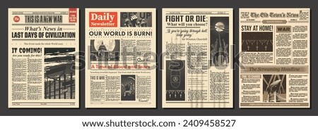 Alarming Headlines Old Newspapers Style Templates, Broadsheets Background Set, War, Pandemia, Last Days of Civilization