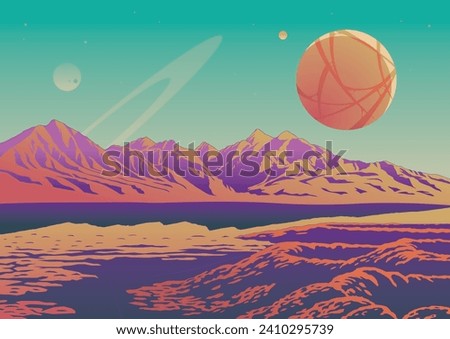 Extraterrestrial Landscape, Space Illustration, Distant Planet Panorama, Mountains, Moon, Unknown Sky