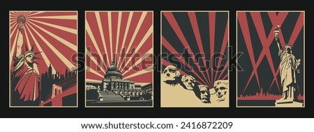 American Landmarks: Statue of Liberty, Capitol Building, Mount Rushmore Retro Propaganda Style Posters 