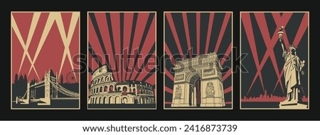 World Landmarks from United Kingdom, Italy, France, USA. London Bridge, Rome Colosseum, Paris Arch of Triumph, New York Statue of Liberty, Retro Propaganda Poster Style