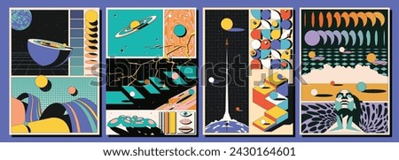 3D Effect Abstract Dimensions Poster Set. Planets, Space Rocket, Man face, Lightning, Abstract Geometric Shapes, Colorful Backgrounds 