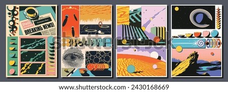 3D Effect Abstract Dimension Poster Set. Breaking News Newspaper, Coffee Cup, Perspective Grid, Dominoes, Sands Dunes, Landscape, Space, Saturn Abstract Illustrations 